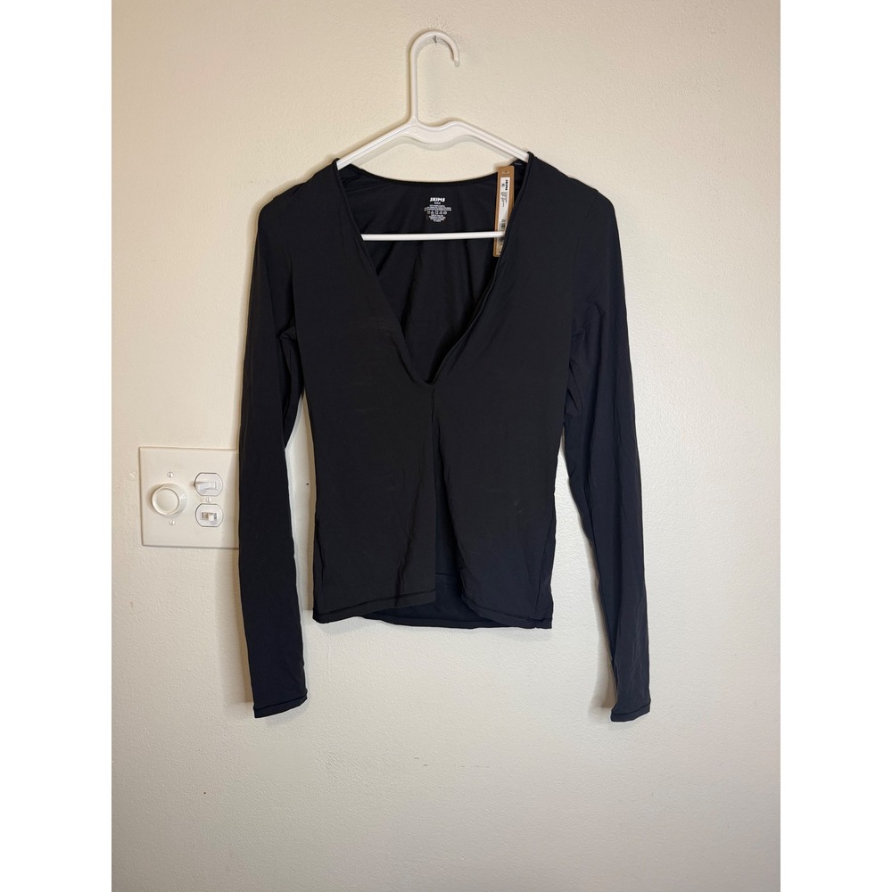 Skims Fits Everybody Plunge Long Sleeve Top Size M Onyx NWT